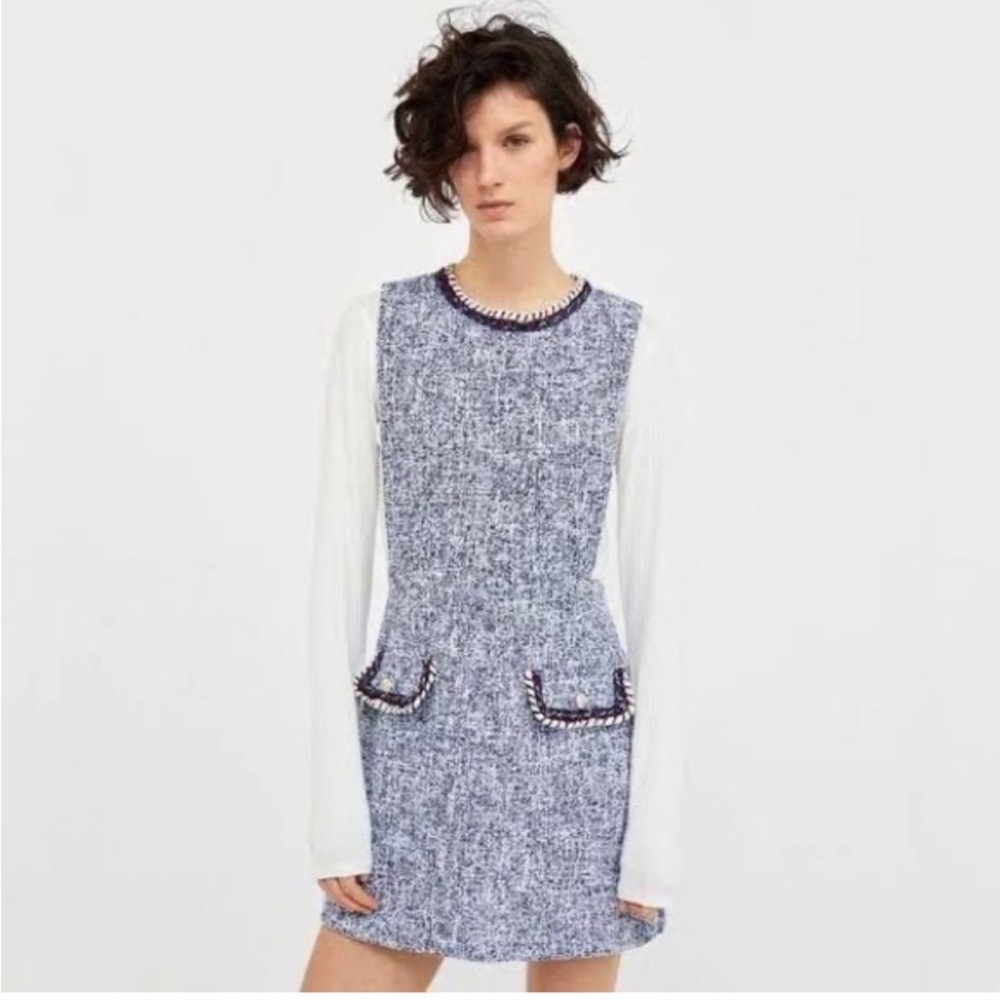 Zara Tweed Pinafore Dress Women’s XS Retro Style Apron Dress Fray Hem